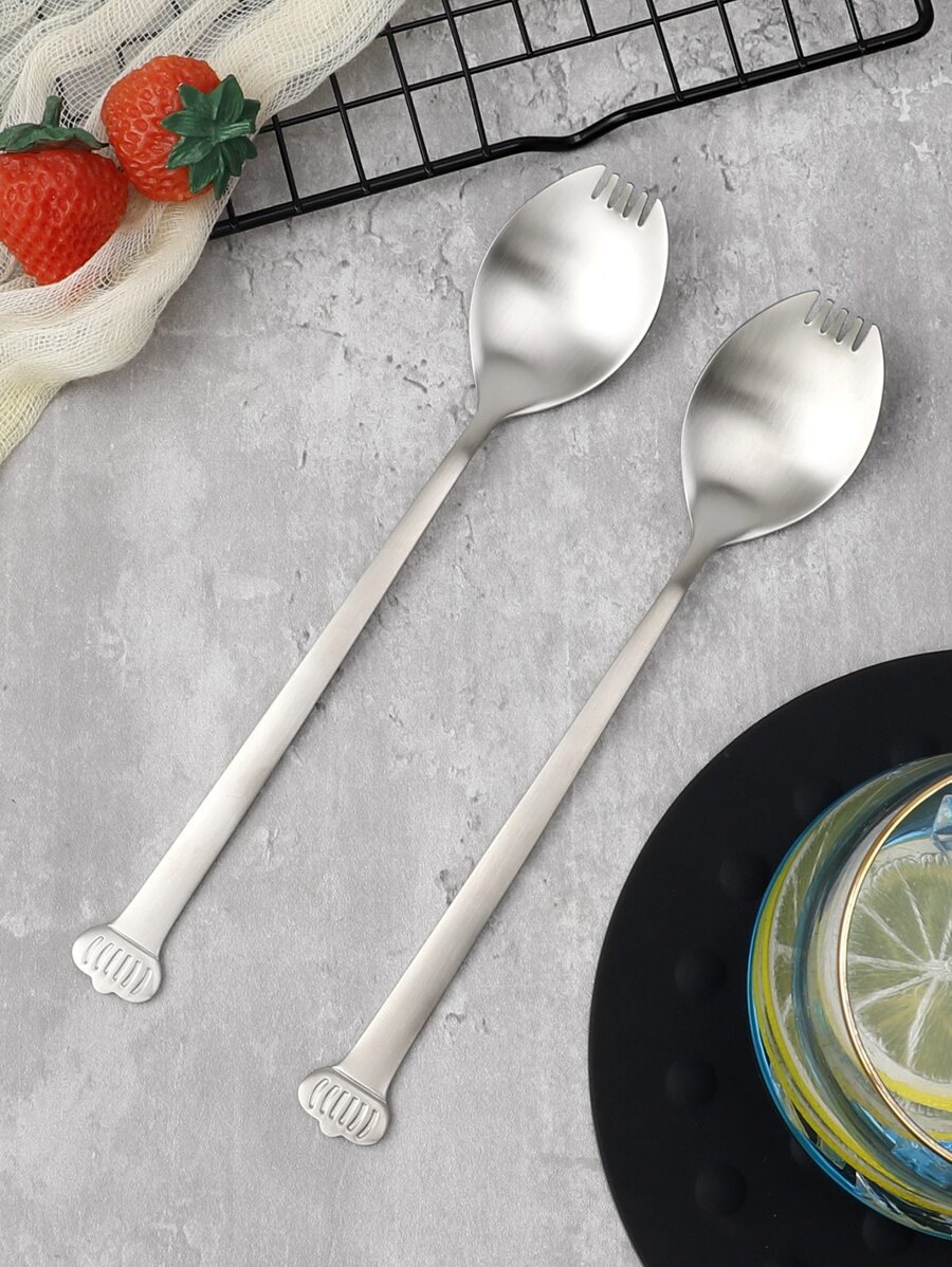 1pc Sus304 Stainless Steel Multi-functional Spoon And Fork Combination, Silver With Palace Style - Silver - View 1
