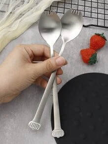 1pc Sus304 Stainless Steel Multi-functional Spoon And Fork Combination, Silver With Palace Style - Silver - View 3