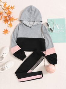 SHEIN Girls Colour Block Drop Shoulder Hoodie & Joggers - Multicolor - View 1