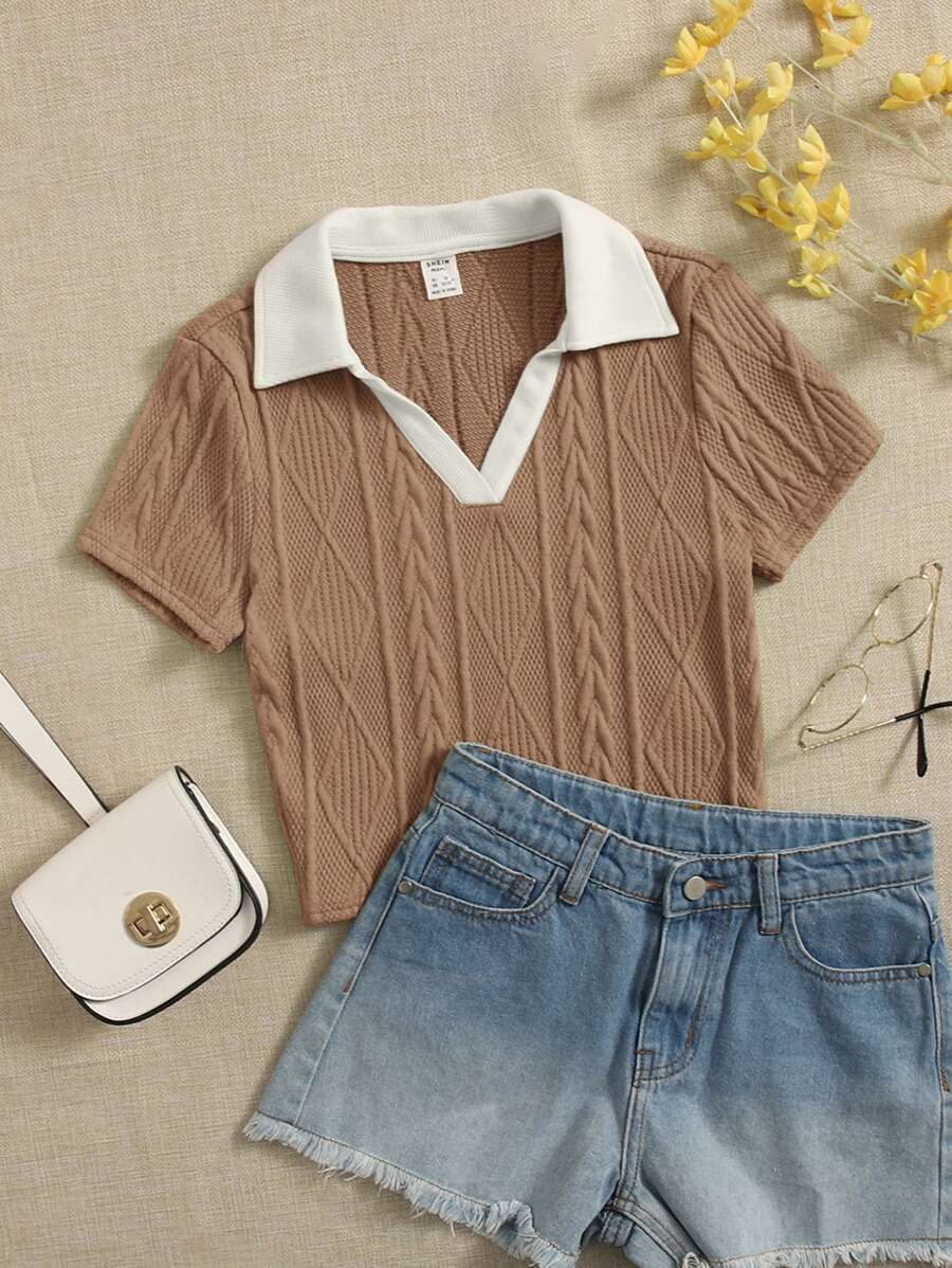 SHEIN Teen Girls' Polo Collar Short Sleeve Patchwork T-Shirt - Camel - View 1