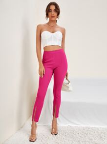 SHEIN Privé Zip Detail Split Hem Trousers - Hot Pink - View 4