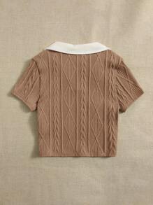 SHEIN Teen Girls' Polo Collar Short Sleeve Patchwork T-Shirt - Camel - View 2
