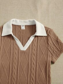 SHEIN Teen Girls' Polo Collar Short Sleeve Patchwork T-Shirt - Camel - View 3