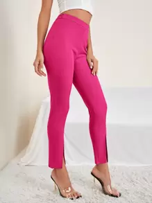 SHEIN Privé Zip Detail Split Hem Trousers - Hot Pink - View 1