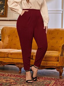 SHEIN Essnce Plus Fold Pleated Slant Pocket Trousers - Burgundy - View 2
