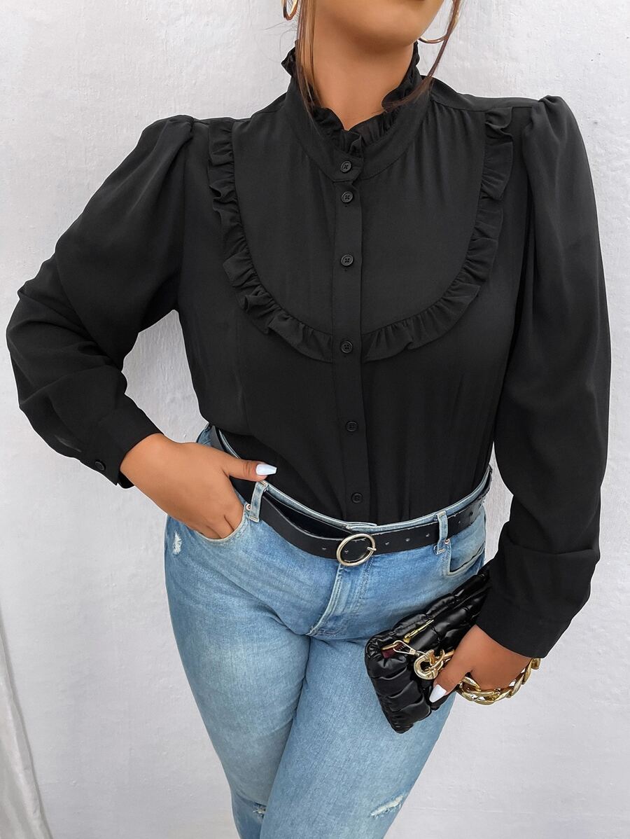 SHEIN LUNE Plus Frill Trim Puff Sleeve Shirt - Black - View 1