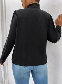 SHEIN LUNE Plus Frill Trim Puff Sleeve Shirt - Black - View 2