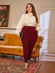 SHEIN Essnce Plus Fold Pleated Slant Pocket Trousers - Burgundy - View 5