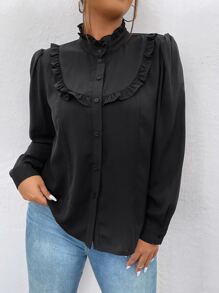 SHEIN LUNE Plus Frill Trim Puff Sleeve Shirt - Black - View 3
