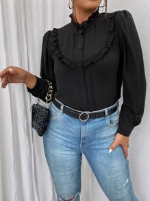 SHEIN LUNE Plus Frill Trim Puff Sleeve Shirt - Black - View 4