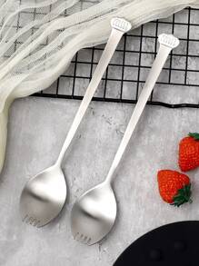 1pc Sus304 Stainless Steel Multi-functional Spoon And Fork Combination, Silver With Palace Style - Silver - View 7