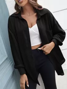 SHEIN LUNE Solid Button Front Pocket Patched Shirt - Black - View 1