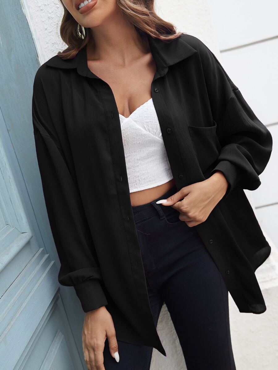 SHEIN LUNE Solid Button Front Pocket Patched Shirt - Black - View 1