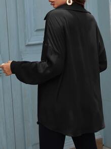 SHEIN LUNE Solid Button Front Pocket Patched Shirt - Black - View 2