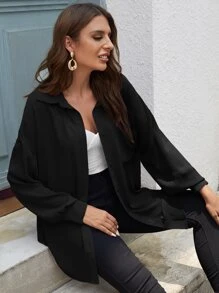 SHEIN LUNE Solid Button Front Pocket Patched Shirt - Black - View 3