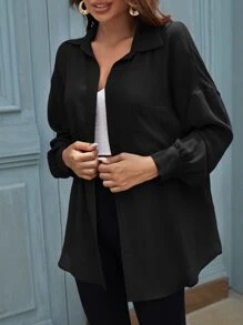 SHEIN LUNE Solid Button Front Pocket Patched Shirt - Black - View 4