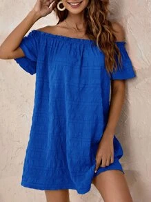 SHEIN VCAY Đầm viền lá sen màu trơn Giải trí - Xanh đậm - Xem 3