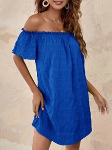 SHEIN VCAY Đầm viền lá sen màu trơn Giải trí - Xanh đậm - Xem 4