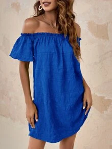 SHEIN VCAY Đầm viền lá sen màu trơn Giải trí - Xanh đậm - Xem 5