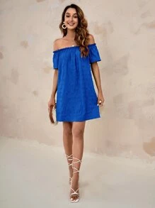 SHEIN VCAY Đầm viền lá sen màu trơn Giải trí - Xanh đậm - Xem 6