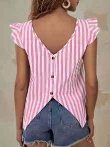 SHEIN LUNE Vertical Striped Ruffle Hem Button Back Blouse - Pink - View 1
