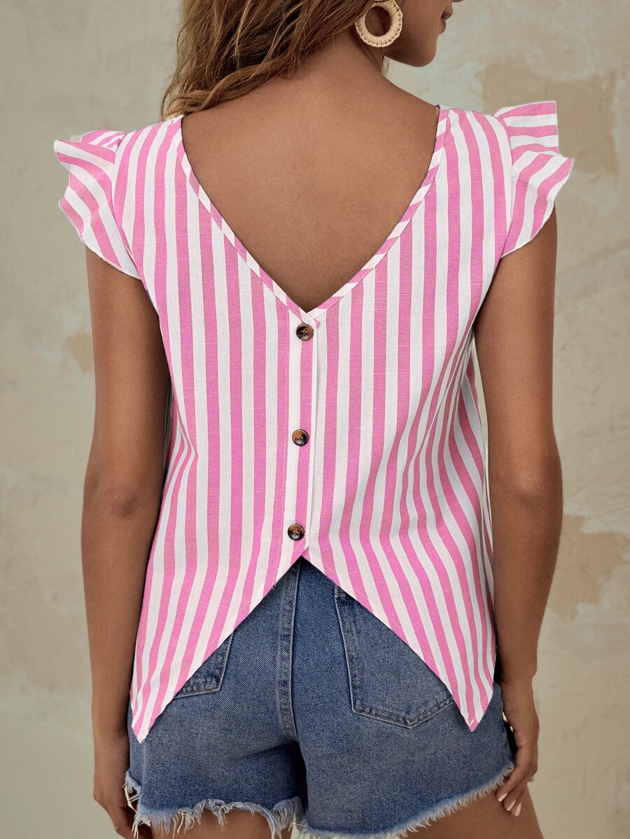SHEIN LUNE Vertical Striped Ruffle Hem Button Back Blouse - Pink - View 1