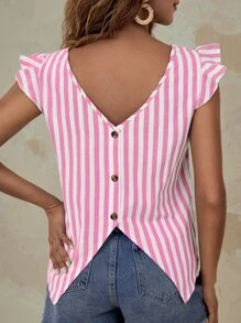 SHEIN LUNE Vertical Striped Ruffle Hem Button Back Blouse - Pink - View 3