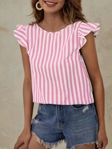 SHEIN LUNE Vertical Striped Ruffle Hem Button Back Blouse - Pink - View 5