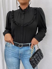 SHEIN LUNE Plus Frill Trim Puff Sleeve Shirt - Black - View 5