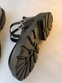 Buckle Decor Flatform Mary Jane Shoes - Black - View 3