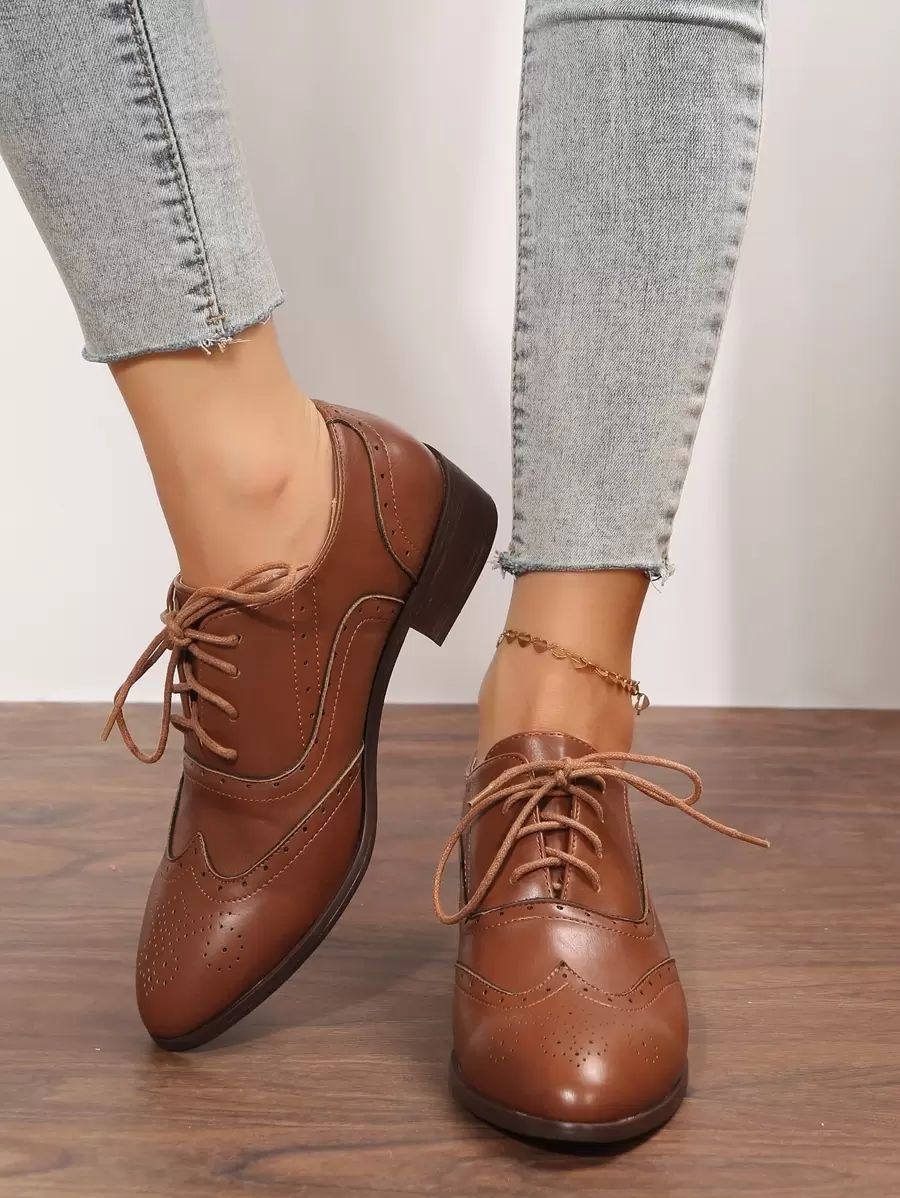 Fall/Winter Lace-Up Front Oxford Shoes, Women's Brown Solid Color Neutral Flat Shoes,Loafers - Brown - View 1