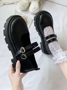 Buckle Decor Flatform Mary Jane Shoes - Black - View 4