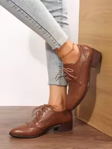 Fall/Winter Lace-Up Front Oxford Shoes, Women's Brown Solid Color Neutral Flat Shoes,Loafers - Brown - View 2