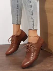 Fall/Winter Lace-Up Front Oxford Shoes, Women's Brown Solid Color Neutral Flat Shoes,Loafers - Brown - View 3