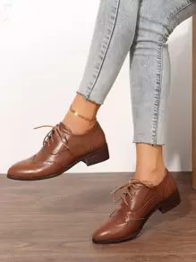 Fall/Winter Lace-Up Front Oxford Shoes, Women's Brown Solid Color Neutral Flat Shoes,Loafers - Brown - View 5