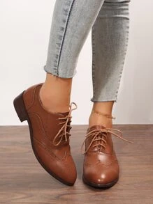 Fall/Winter Lace-Up Front Oxford Shoes, Women's Brown Solid Color Neutral Flat Shoes,Loafers - Brown - View 7