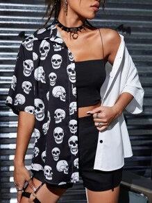 SHEIN Coolane Skull Print Two Tone Shirt - Black and White - View 1