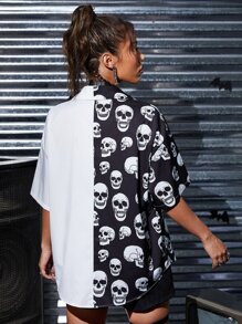 SHEIN Coolane Skull Print Two Tone Shirt - Black and White - View 2