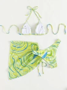 SHEIN Swim Summer Beach Marble Print Bikini Set Halter Triangle Bra & Bikini Bottom & Drawstring Cover Up Skirt 3 Piece Bathing Suit