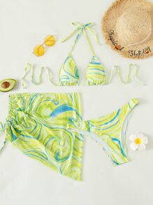 SHEIN Swim Summer Beach Marble Print Bikini Set Halter Triangle Bra & Bikini Bottom & Drawstring Cover Up Skirt 3 Piece Bathing Suit