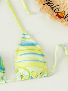 SHEIN Swim Summer Beach Marble Print Bikini Set Halter Triangle Bra & Bikini Bottom & Drawstring Cover Up Skirt 3 Piece Bathing Suit