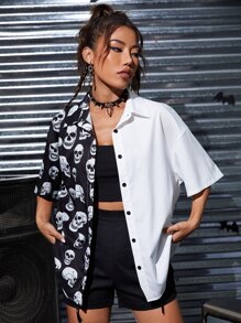 SHEIN Coolane Skull Print Two Tone Shirt - Black and White - View 4