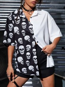 SHEIN Coolane Skull Print Two Tone Shirt - Black and White - View 6