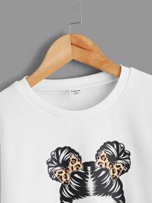 SHEIN Áo nỉ Gái Con số Lá thư Giải trí - trắng - Xem 3