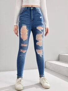 SHEIN Teen Girl Ripped Jeans - Dark Wash - View 1