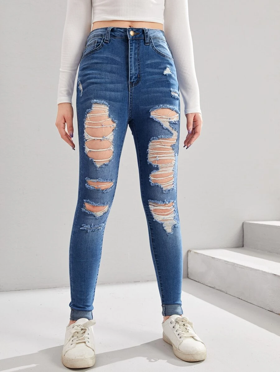 SHEIN Teen Girl Ripped Jeans - Dark Wash - View 1