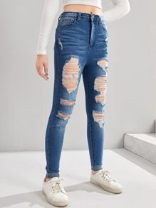 SHEIN Teen Girl Ripped Jeans - Dark Wash - View 4