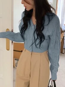 DAZY 順肩針織牛仔扣針織開襟毛衣 - 霧霾藍 - 查看 4