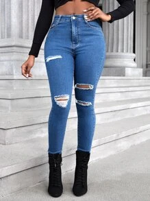 SHEIN SXY Quần jean nữ Nút Túi Bị tách Dây kéo màu trơn - Rửa trung bình - Xem 4