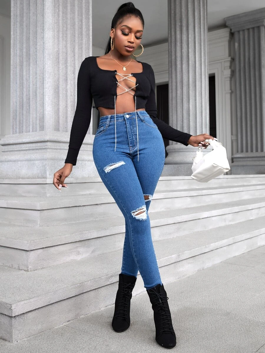 SHEIN SXY Quần jean nữ Nút Túi Bị tách Dây kéo màu trơn - Rửa trung bình - Xem 1